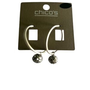 Chico's Silver Hoop Black Ball Accents Clip Earrings